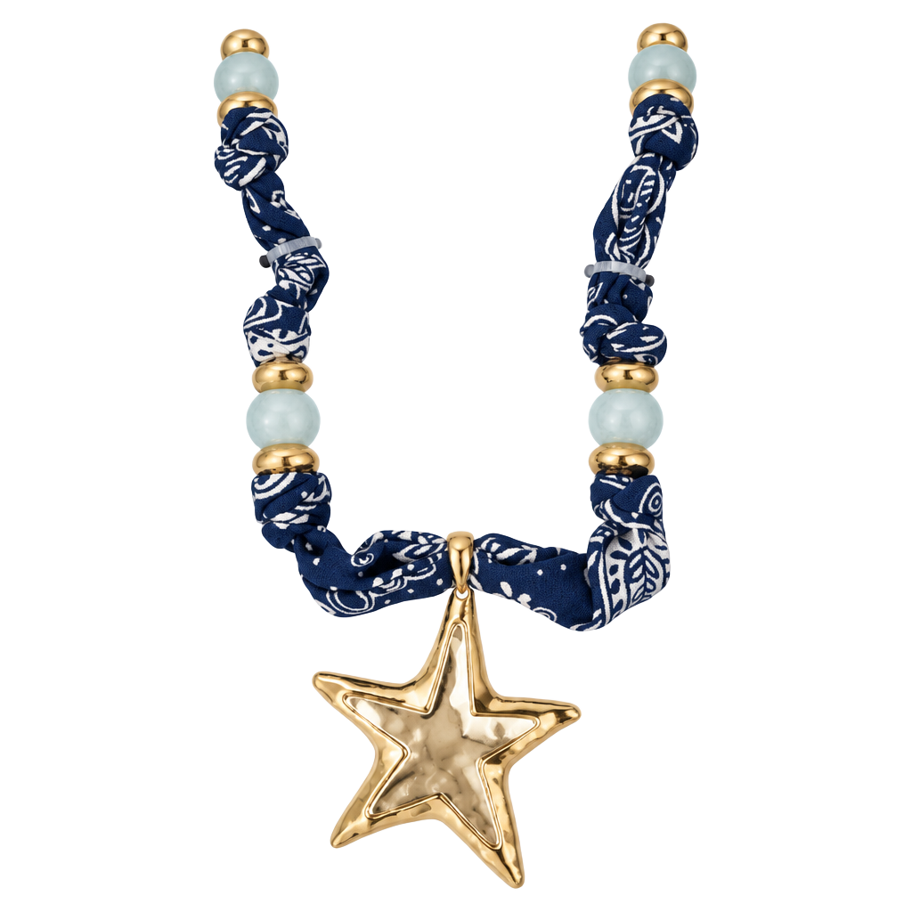 True to Form Starfish Bandana Scarf Necklace 18"+3" Blue Gold 1