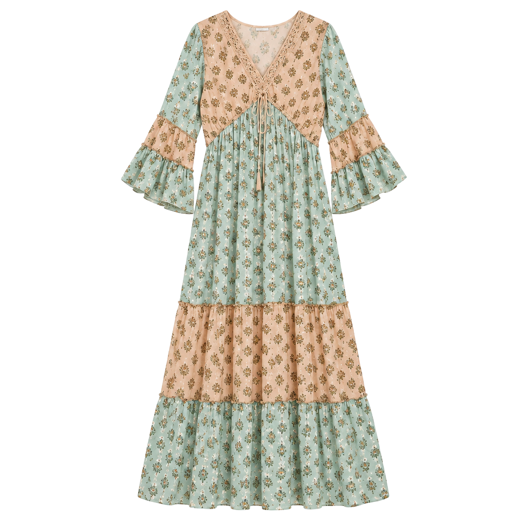 Chic Bohemian Maxi Dress in Blue and Tan 1