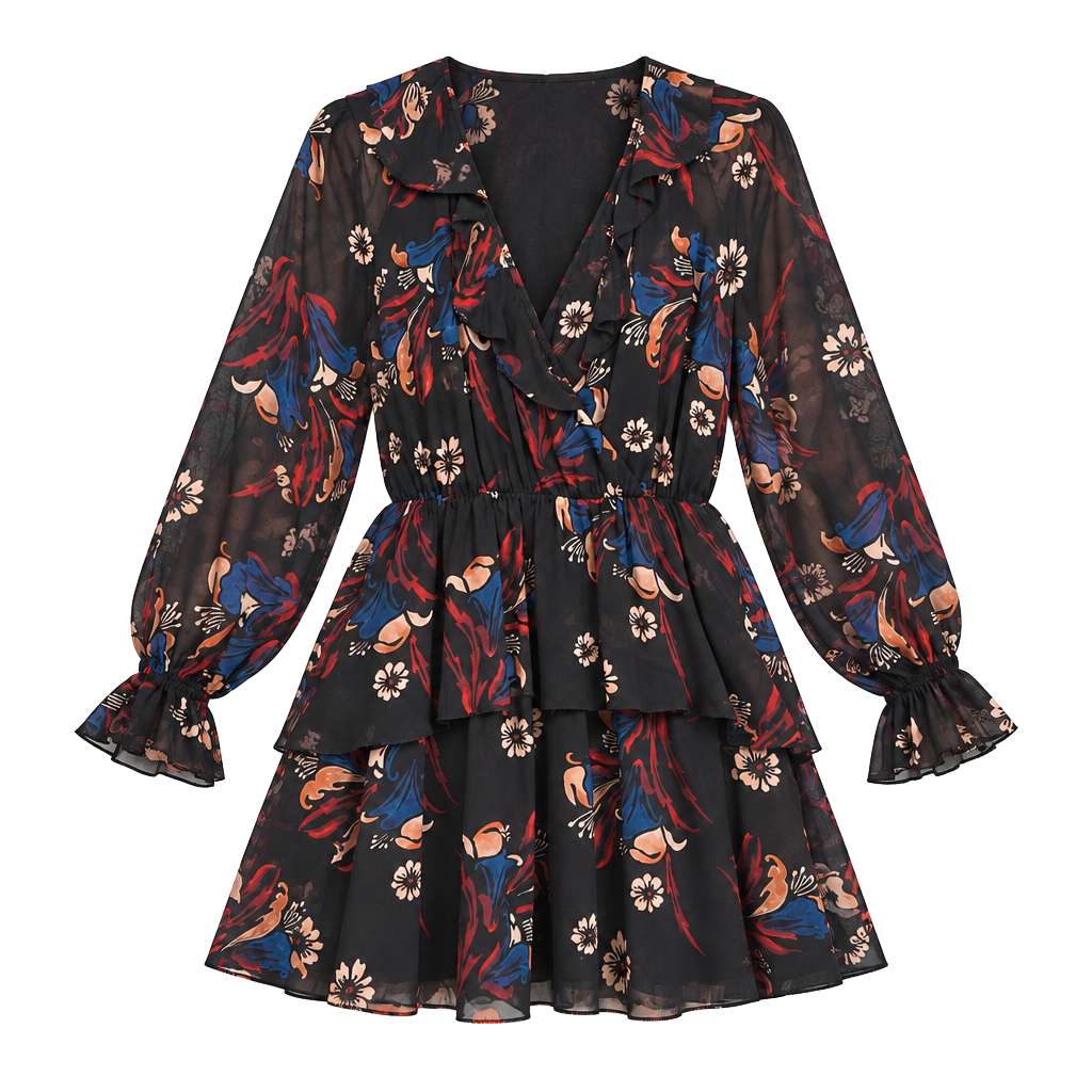 Joie Nour Floral Silk Ruffle Tiered Mini Dress Size M Black 1