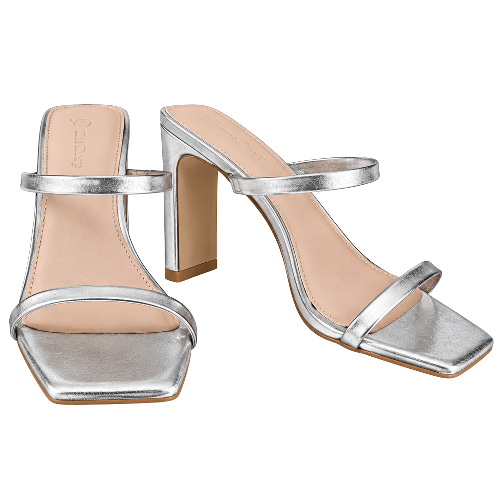 The Drop Avery Square Toe Two Strap High Heel Sandal Size 8.5 Silver 1