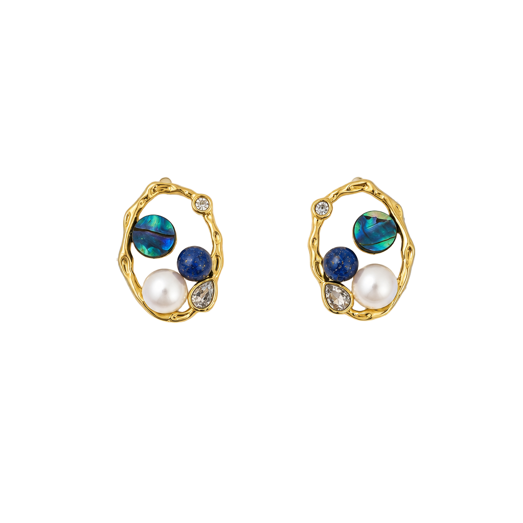 La Meno Irregular Gold Stud Earrings Blue Lapis Abalone Pearl 1