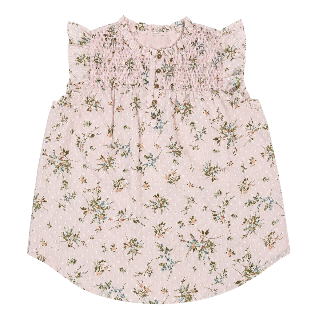 Pink Floral Smocked Sleeveless Blouse with Flutter Sleeves - XS coquette romantic 1