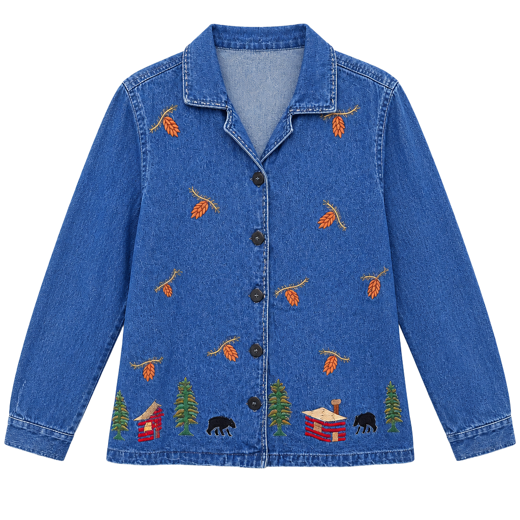 NorthCrest Embroidered Denim Jacket Size 14/16 Cabin Bear Pinecone 1