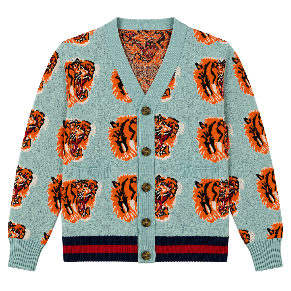 Tiger Cardigan Size M Blue Wool Blend Tiger Head Pattern 1