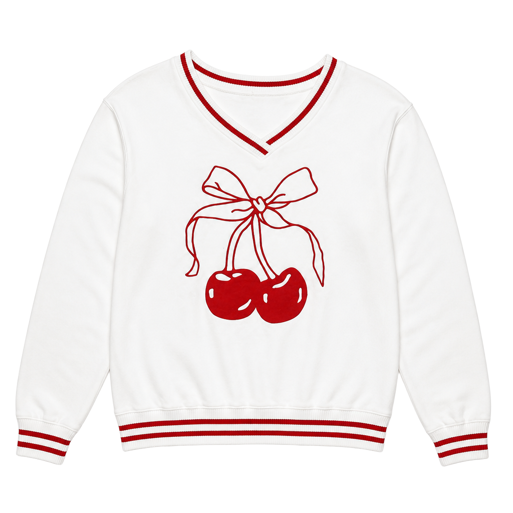 Love Tribe Cherry Bow V-Neck Striped Trim Sweatshirt 1