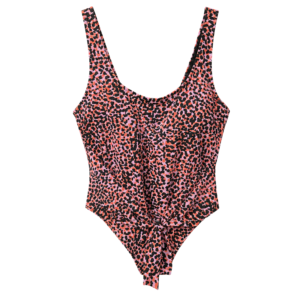 Fabletics Scoop Tie Back One-Piece Swimsuit in Flash Orange Safari Spots 1