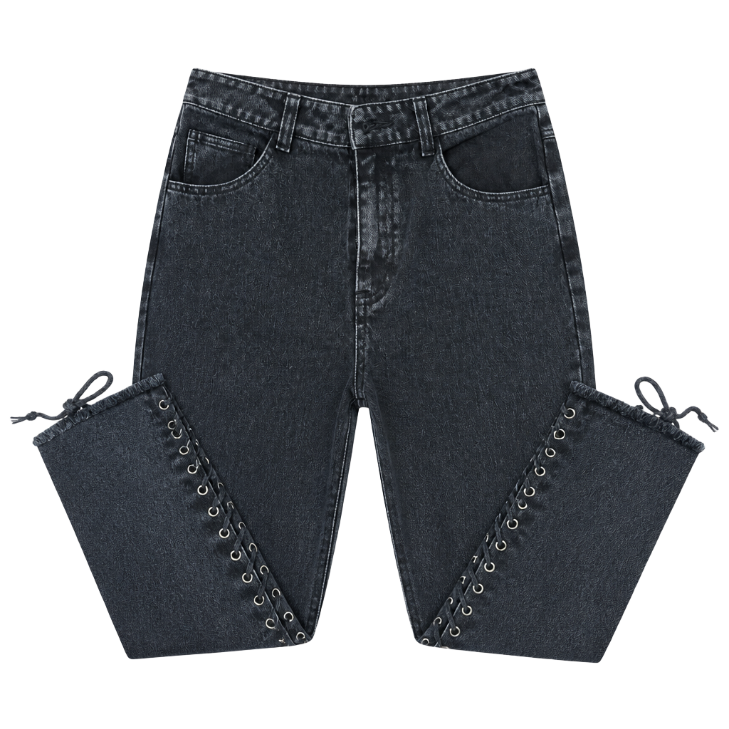 Honey Punch Black Acid Wash Lace-Up Side Straight Leg Jeans Small 1