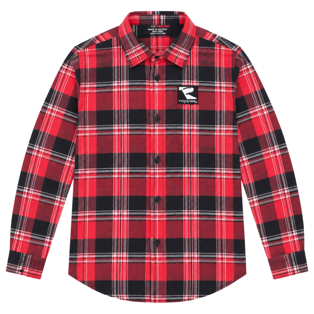 Rockies Plaid Flannel Button Up Long Sleeve Shirt Red Black 1