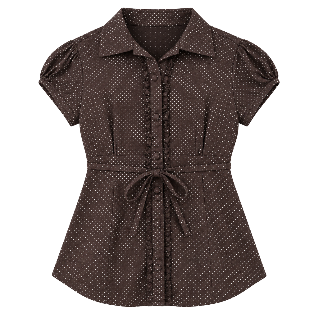 Dolled Up by FANG Polka Dot Button-Down Shirt Size L Brown Ruffle Trim 1