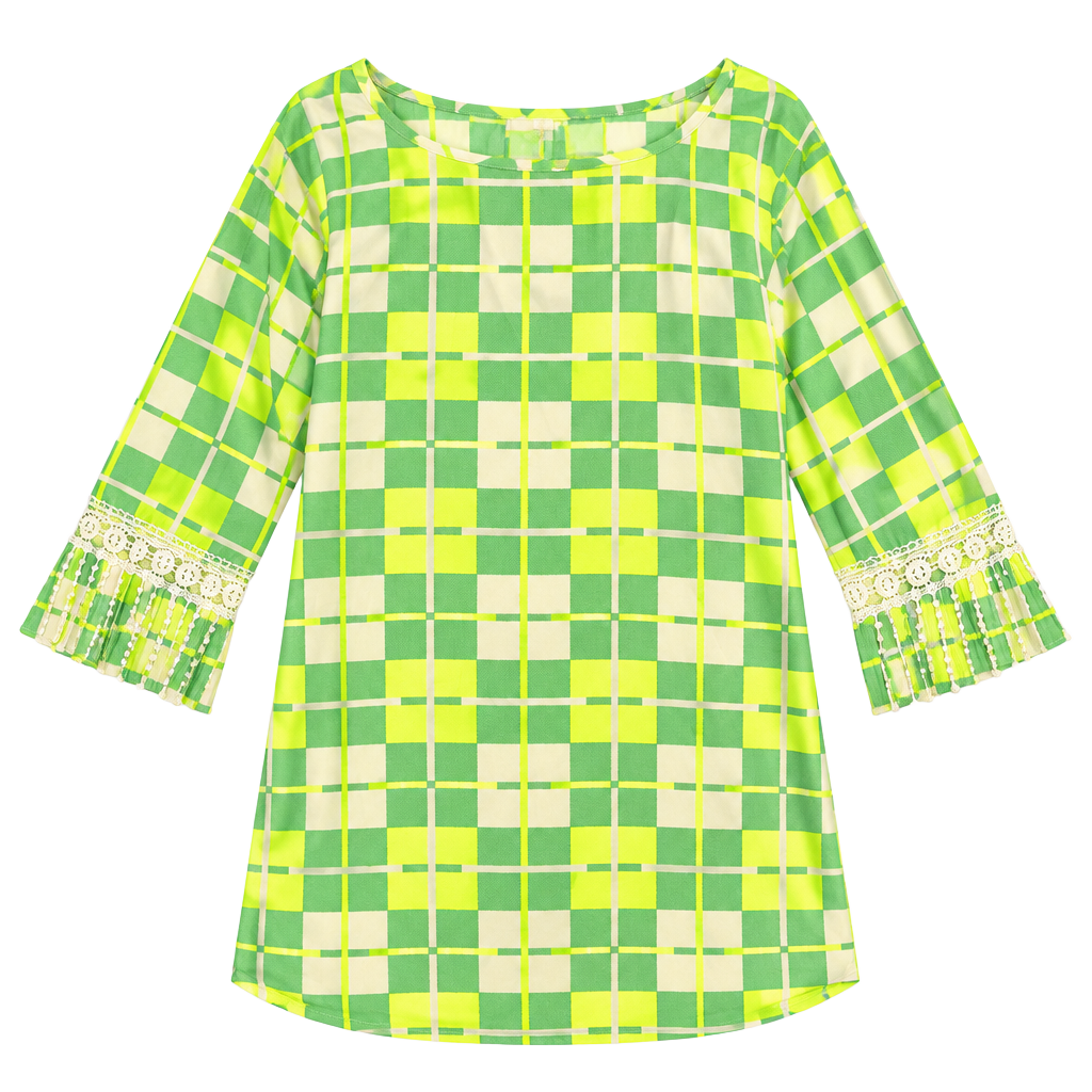 SI Style Dress Size L Green Yellow Plaid Check Lace Fringe Tassel 1