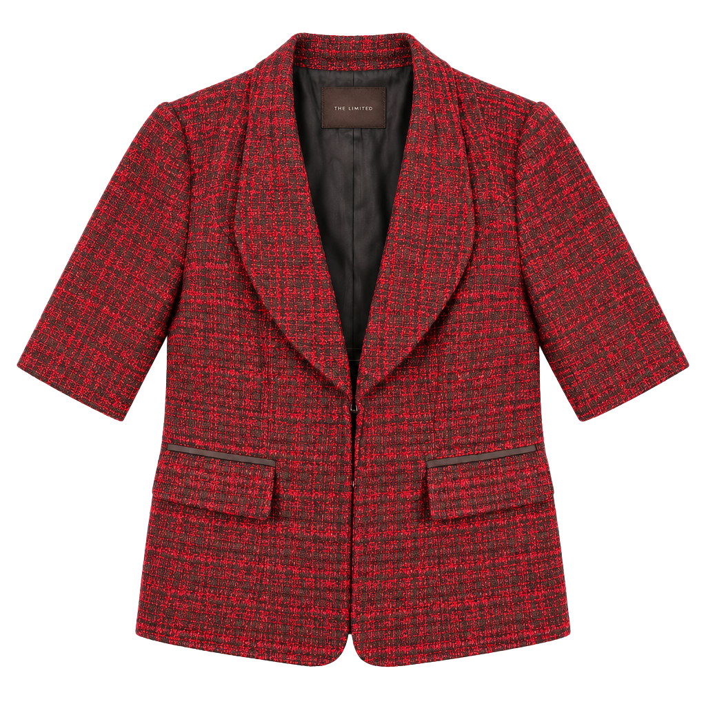 The Limited Tweed Blazer Size L Red Black Open Front 3/4 Sleeve 1