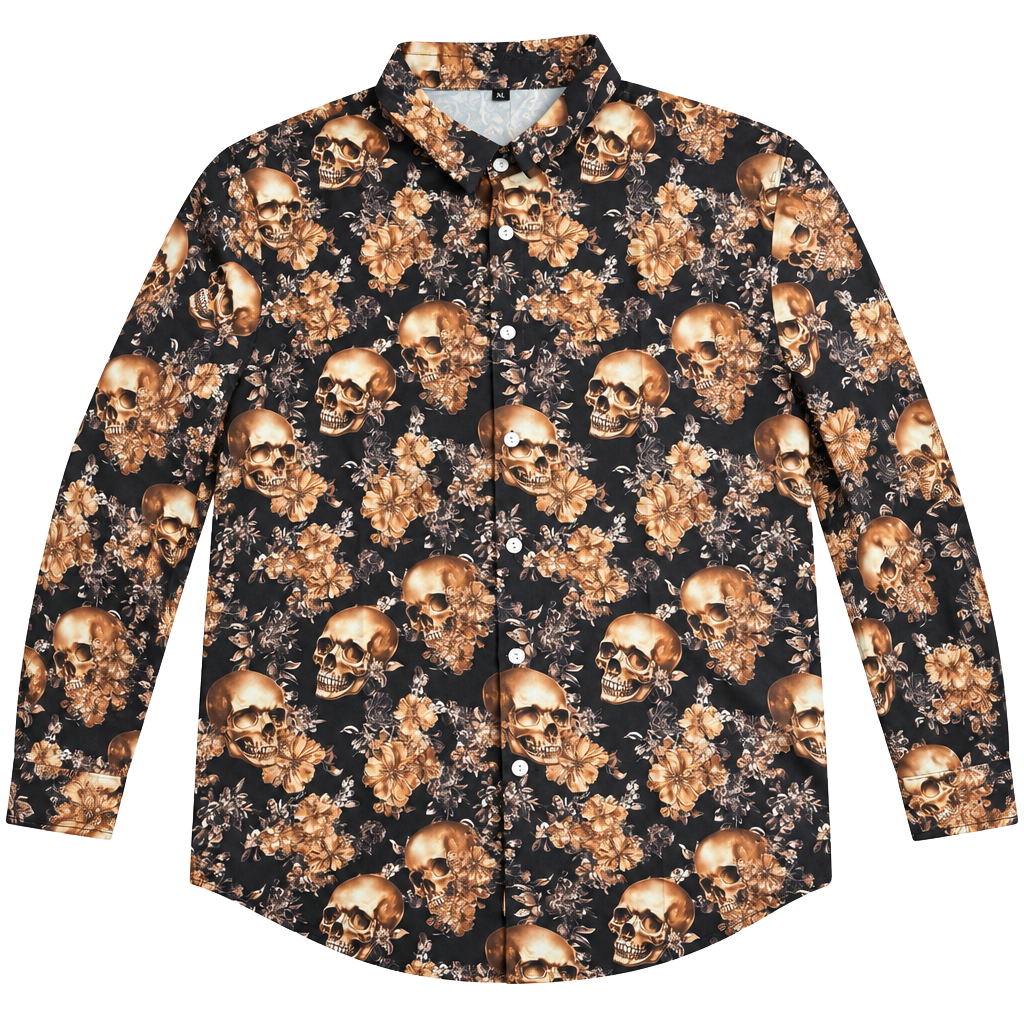 Unbranded Skull Floral Button-Up Shirt Size XL Black Brown 1