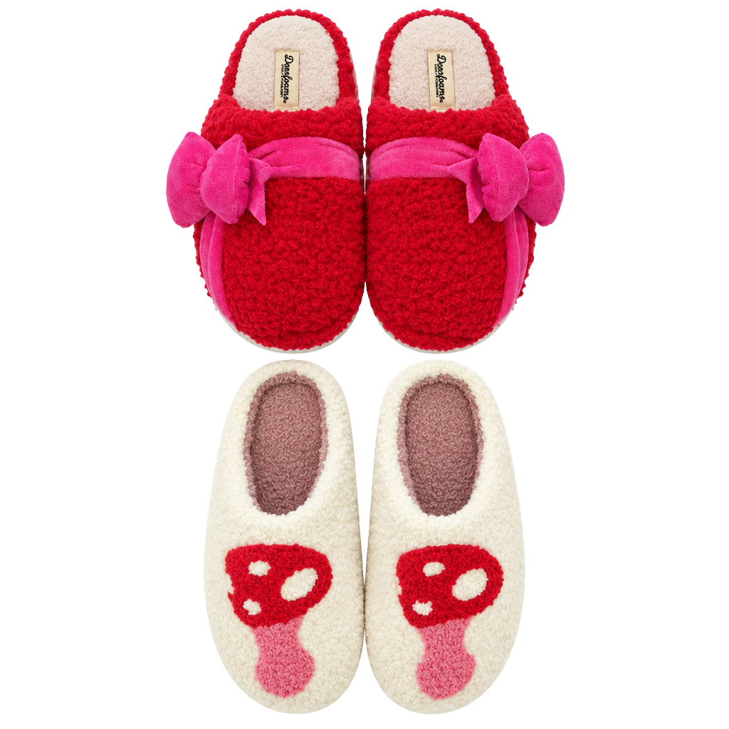 Dearfoams Bow Slippers Size Womens 9-10 Red Fuzzy House Shoes & mushroom slippers Z135 1