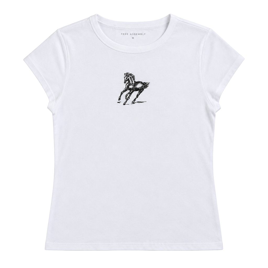 Embroidery by me! Free Assembly Cap Sleeve Tee Size M 8-10 White with Black Horse 1