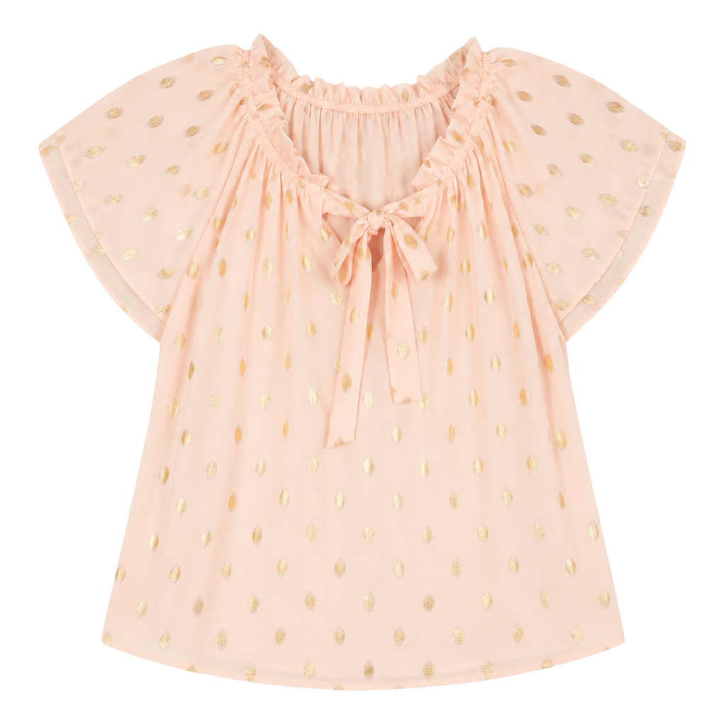 Shannon Ford New York Petite PM Pink Gold Metallic Polka Dot Tie Neck Blouse 1