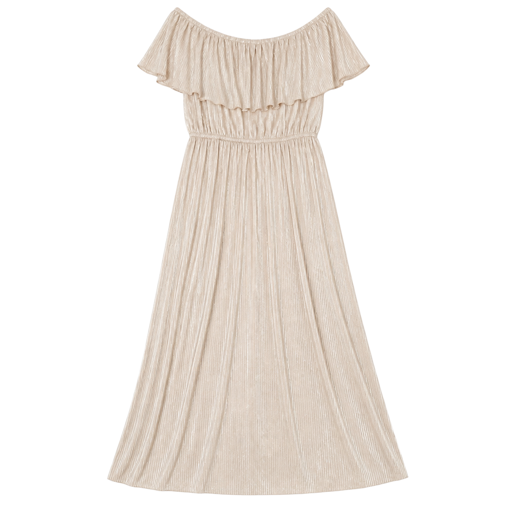 Bella Ella Boutique Slow Dancing Ribbed Off Shoulder Maxi Dress in Champagne 1