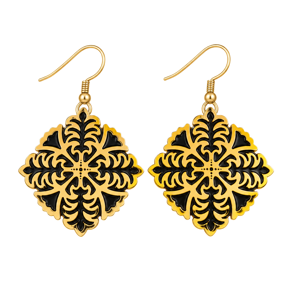 Boho Filigree Flower Gold and Black Dangle Earrings 1