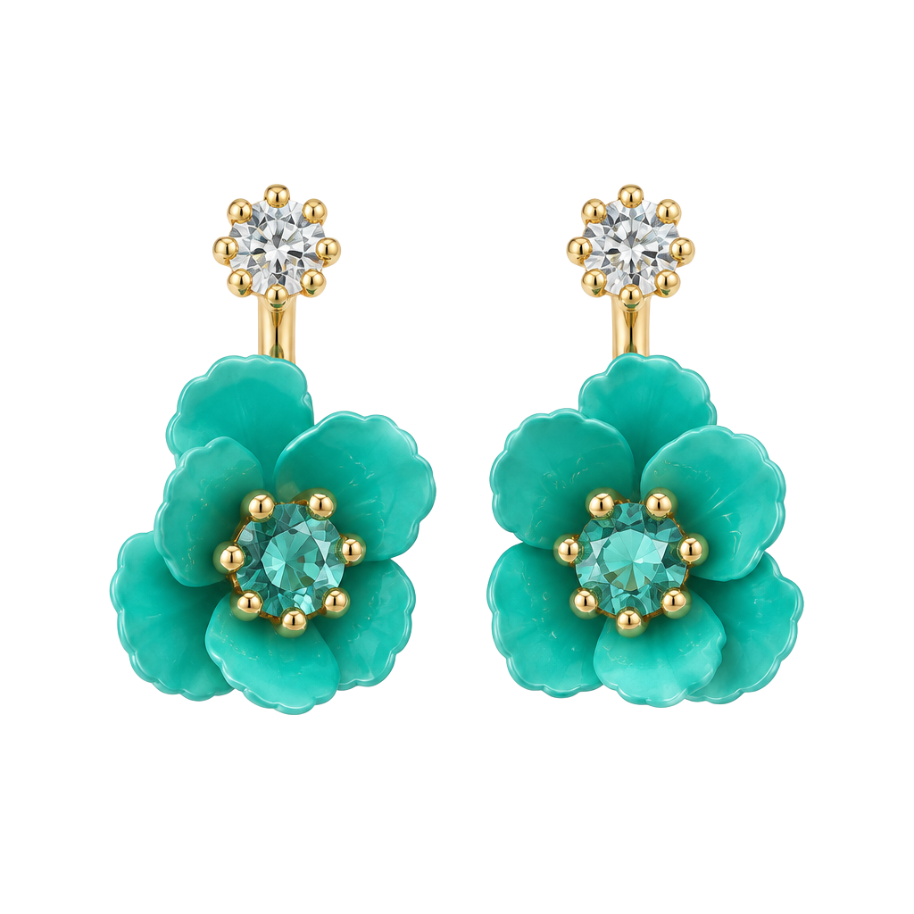 Amanda Blu Flower Jacket Earrings Turquoise Blue and Gold 1