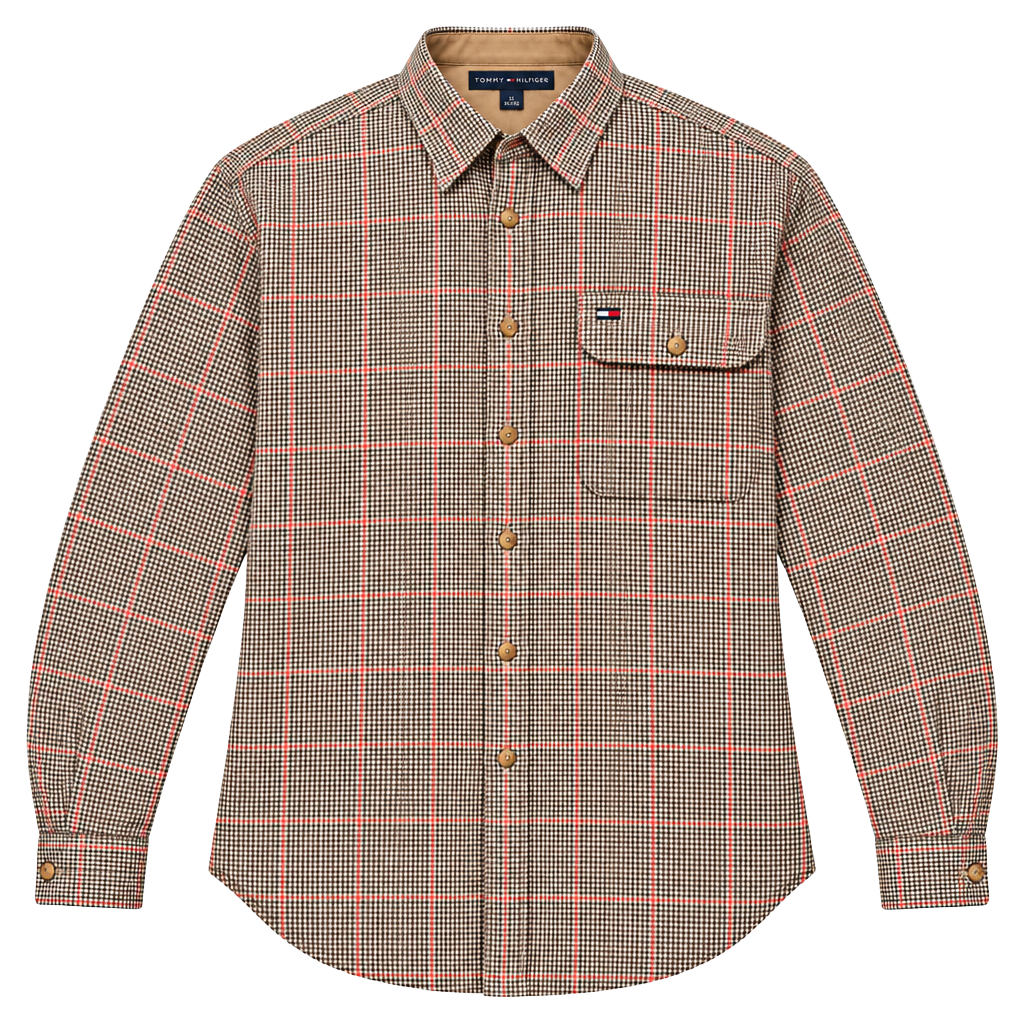 Tommy Hilfiger Mens XL Houndstooth Red Plaid Soft Cotton Shirt 1