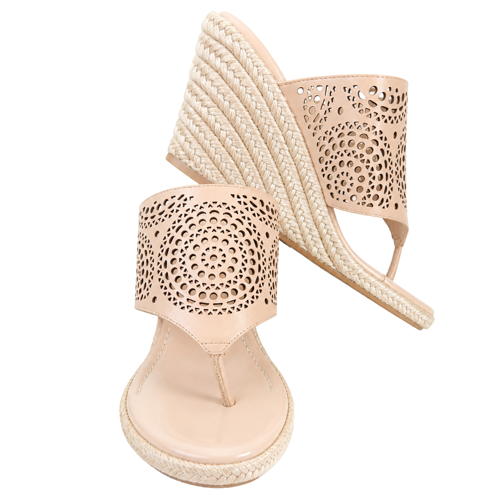 Johnston & Murphy Wedge Sandal Size 7.5 Tan Perforated Leather Thong 1
