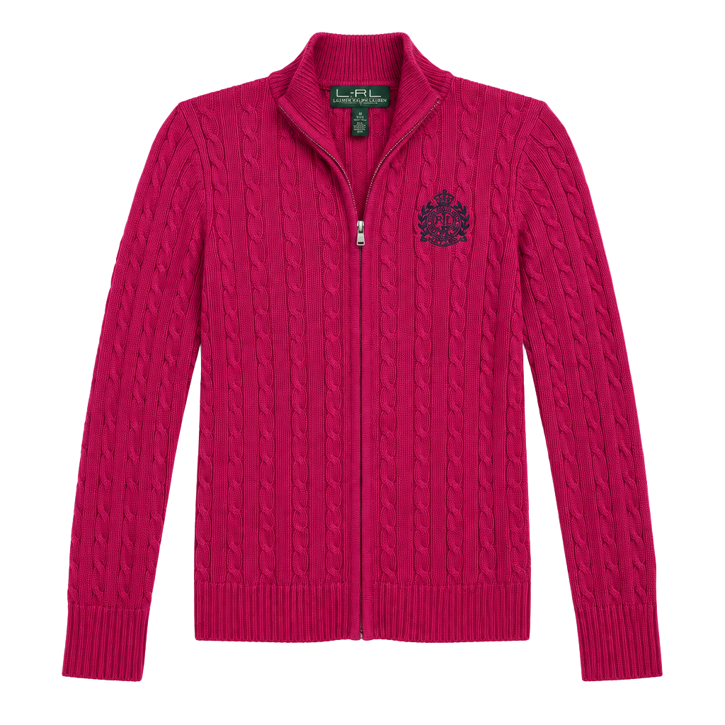 Y2K Lauren Active Ralph Lauren Full-Zip Cable Knit Sweater Size S Pink Crest Preppy 1