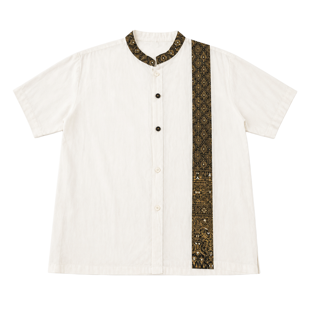 Thai Traditional Cotton Hippie Nehru Shirt with Gold Brocade Trim 1