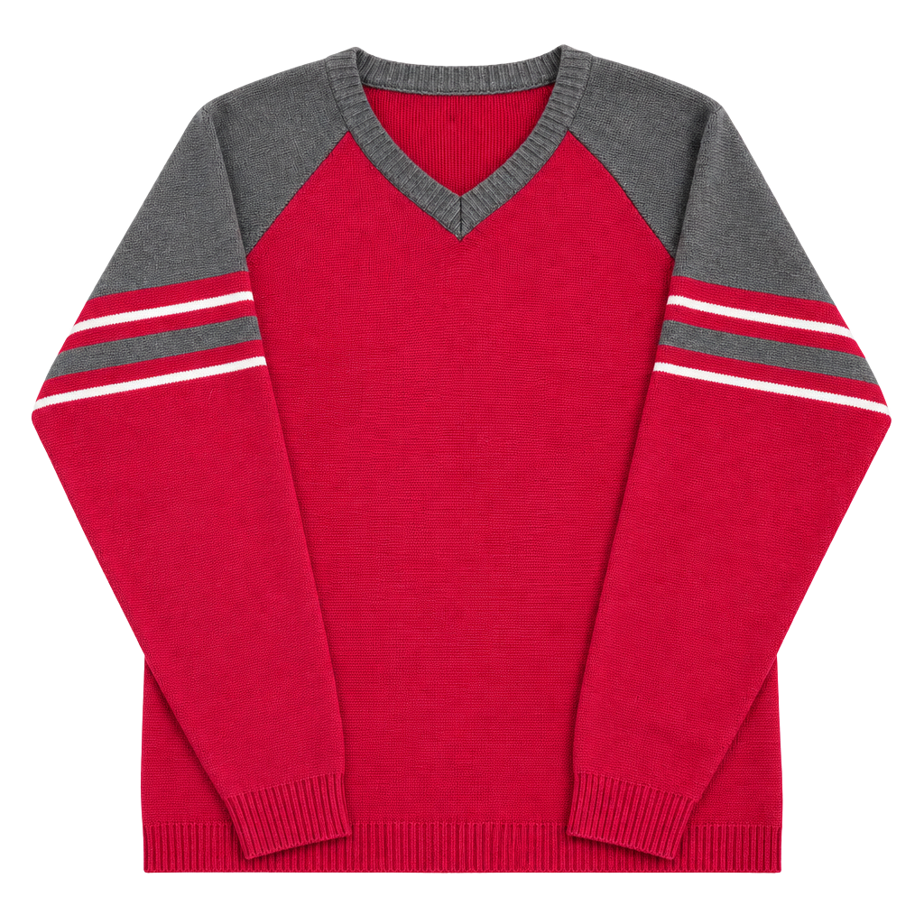 Vans V-Neck Sweater Size L Red Gray Stripe Knit Pullover 1