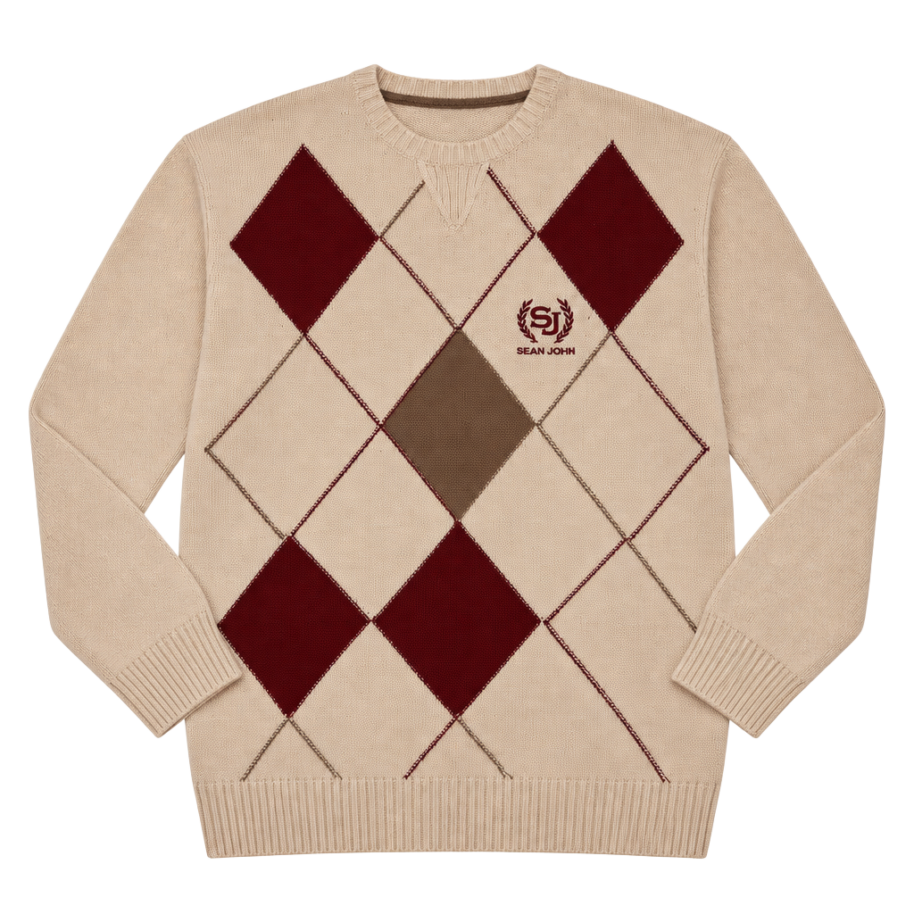 Sean John Argyle Wool Sweater Size L Cream Burgundy Crest Logo 1