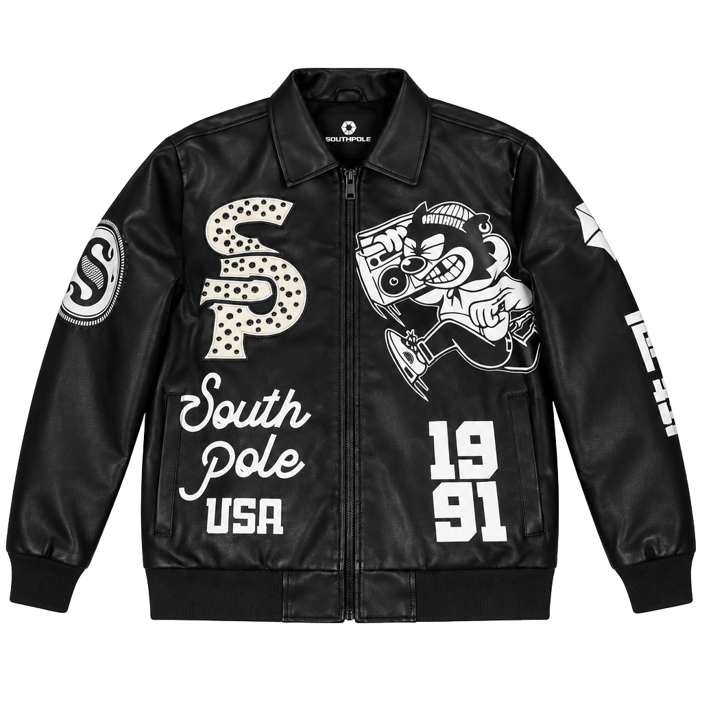 Southpole Sp-91 Faux Leather Bomber Jacket Size M Black 1