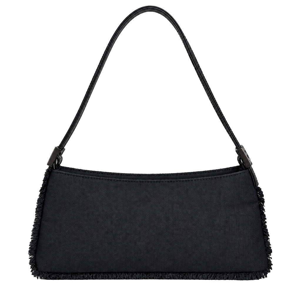 Y2K Black Baguette Shoulder Bag Frayed Trim Mini Purse Grunge Handbag 1