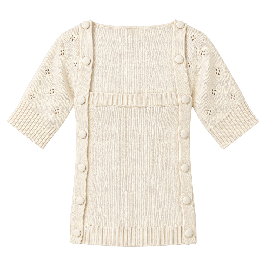 Lela Rose Cream Knit Short Sleeve Button Front Eyelet Convertible Sweater Top S 1