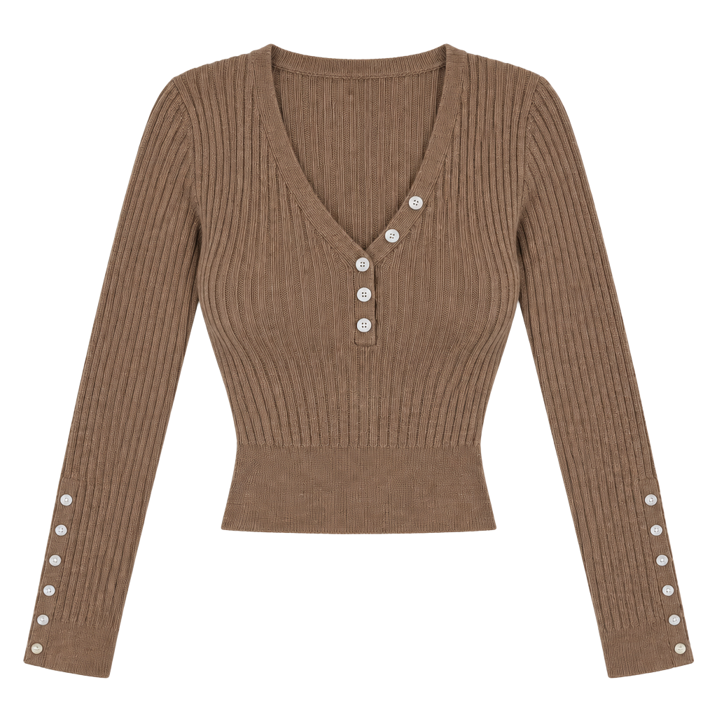 American Rag Cie Tan Brown Ribbed Button Front Long Sleeve Sweater Top Y2K Sz M 1