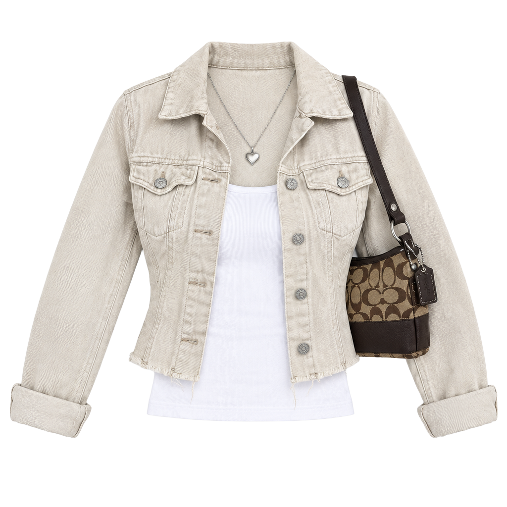 Refuge Denim Jacket Cream Cotton Cropped Raw Hem Y2K Retro Size Small 1