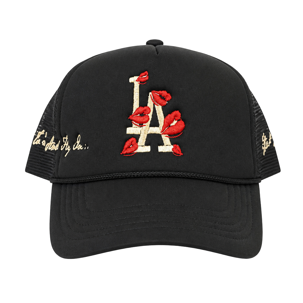Los Angeles Dodgers Custom Embroidered Lips Trucker Hat Black Adjustable 1