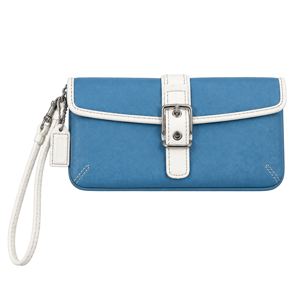 Vintage Coach Blue White Leather Wristlet Buckle Detail 1