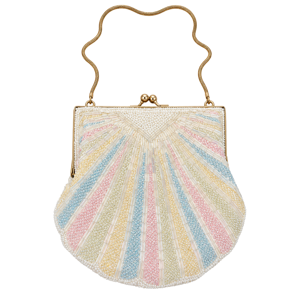 Vintage Beaded Seashell Handbag Pastel Rainbow Clam Evening Purse 1