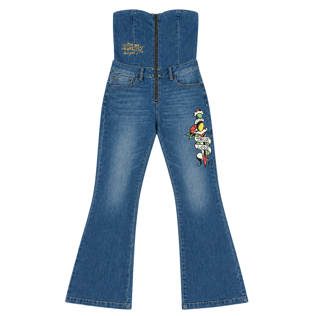 Ed Hardy Denim Jumpsuit Size M True Love Graphic Flare 1