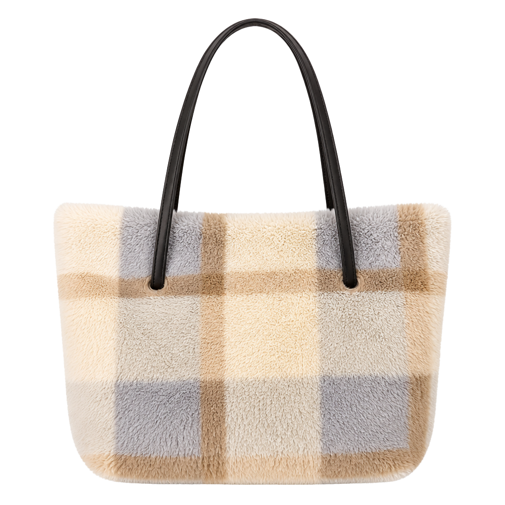 Fuzzy Plaid Shoulder Bag Tote Faux Fur Fluffy Handbag Multi 1