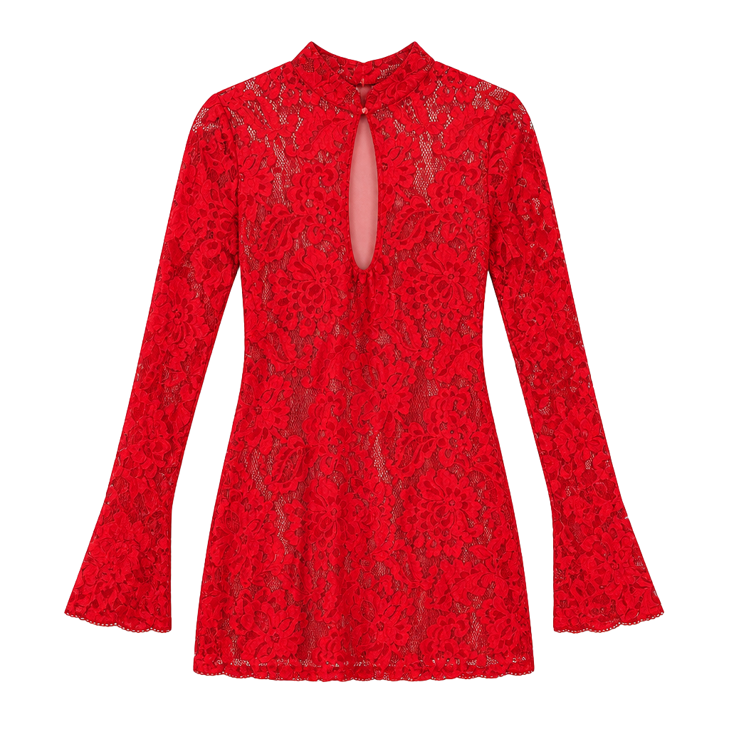 SHEIN Red Floral Lace Keyhole Mock Neck Mini Dress Size XS 1