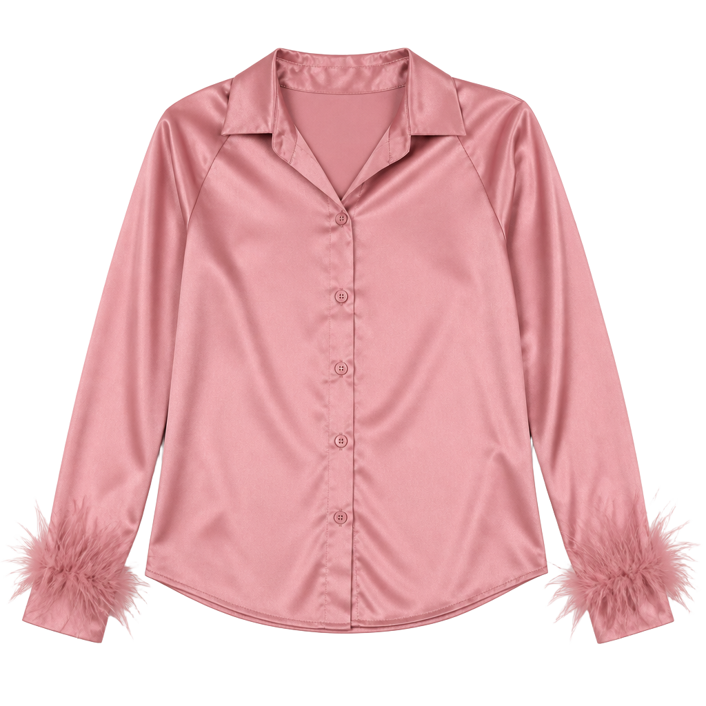 SHEIN Pink Satin Button Down Shirt with Feather Trim Cuffs Size XS 1