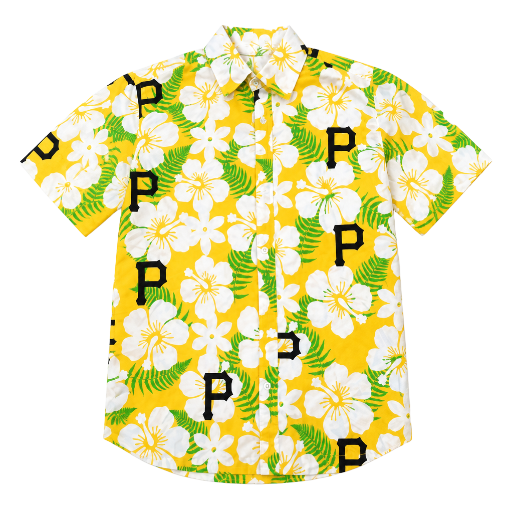 Pirates Yellow Floral Hawaiian Short Sleeve Button-Up Shirt 1