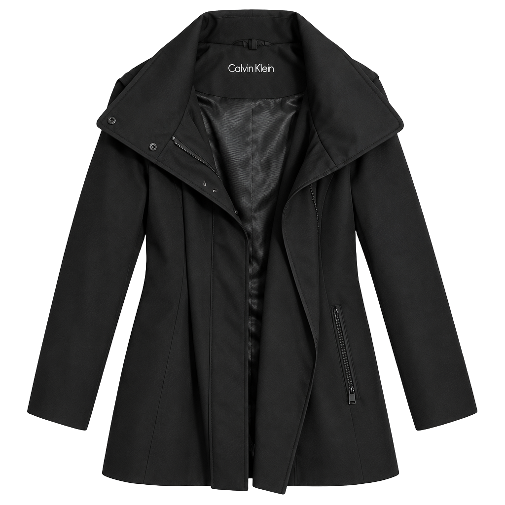 Calvin Klein Trench Coat Size 2X Black Zip Pockets 1