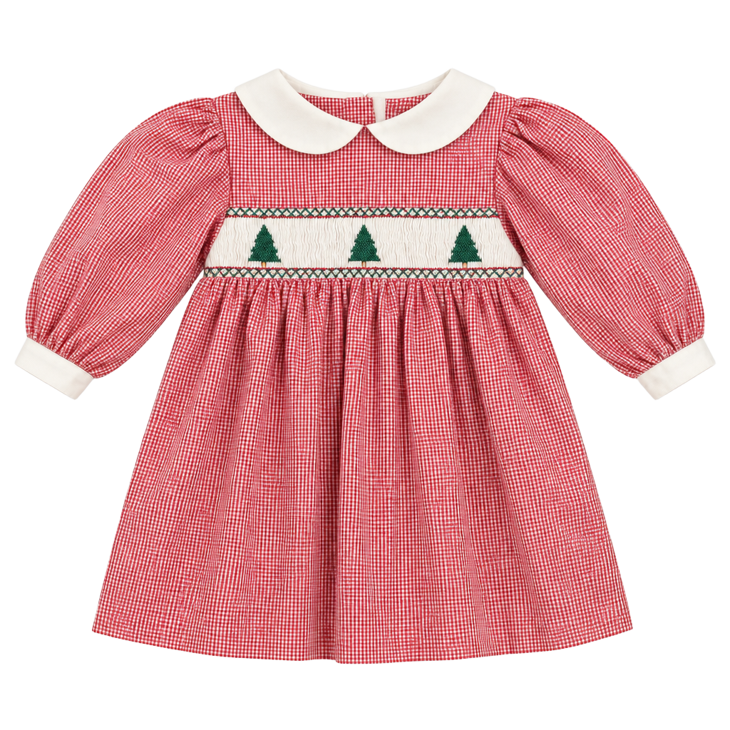 Amii Vintage Red Houndstooth Smocked Christmas Tree Dress Size 12M 1