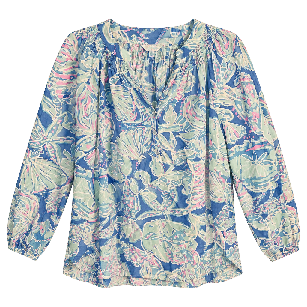Lilly Pulitzer Silk Blouse Size XL Blue Floral Long Sleeve 1