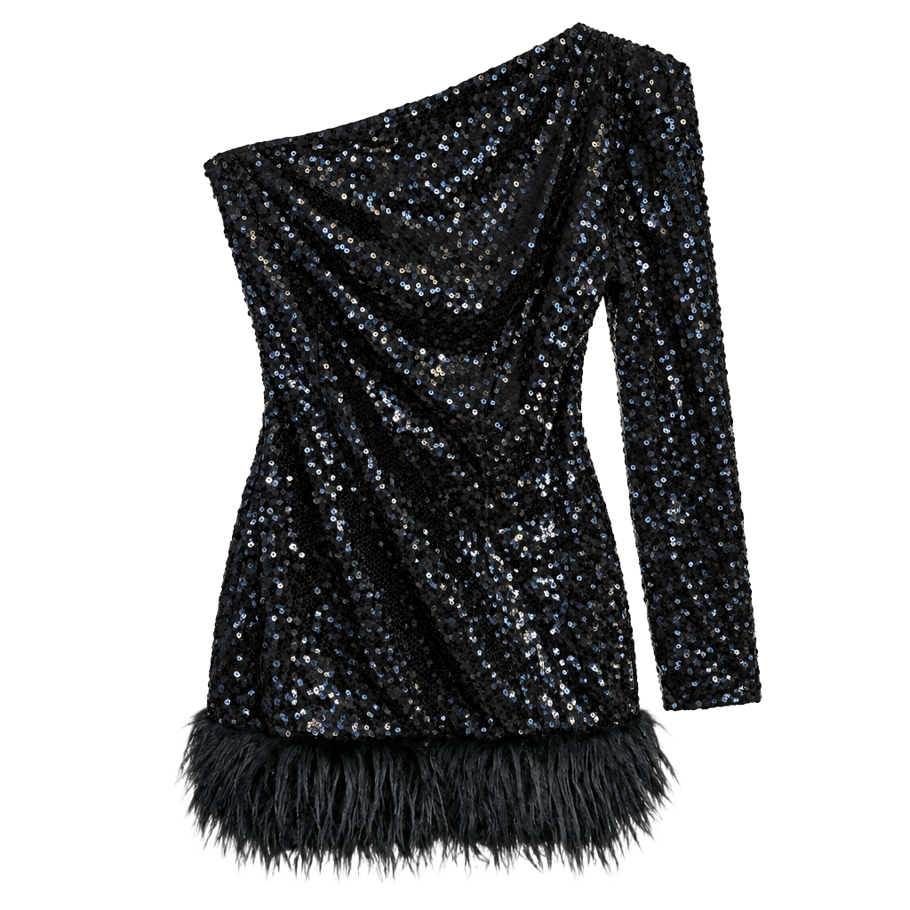 Xunryan One Shoulder Feather Sequin Dress Size XL Black Long Sleeve Mini 1