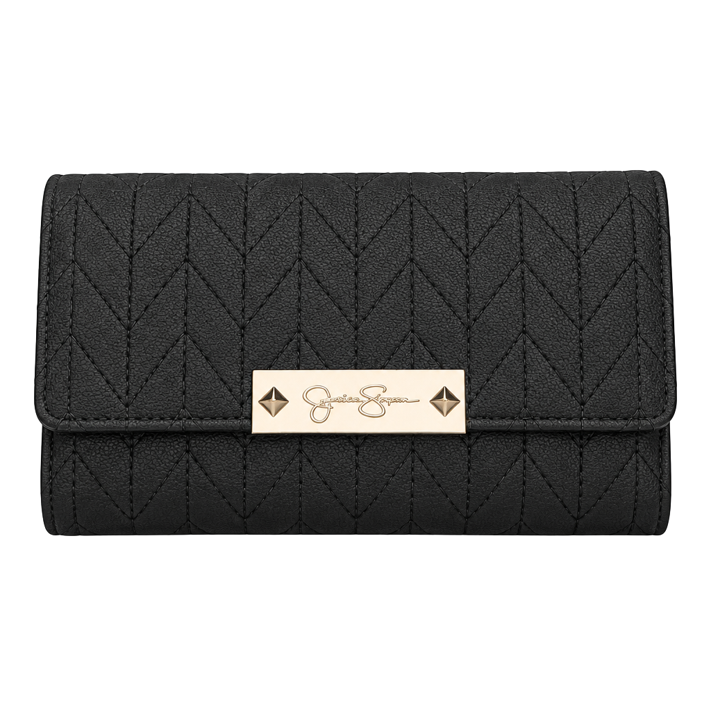 Jessica Simpson Black Quilted Faux Leather Snap Continental Long Wallet 1