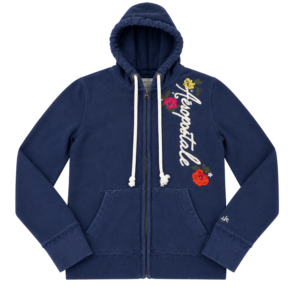 Aeropostale Navy Blue Zip Up Hoodie Embroidered Floral Y2K Grunge 1
