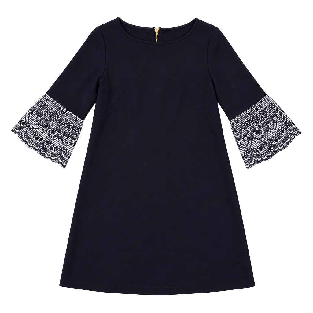 Eliza J Navy Blue Shift Dress with Striped Embroidered Bell Sleeves Size 4 1
