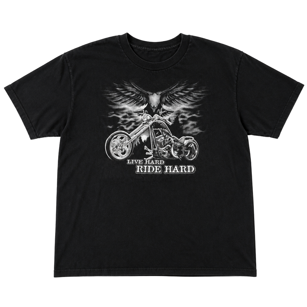 National Heritage Live Hard Ride Hard Motorcycle Eagle Graphic T-Shirt Black 1