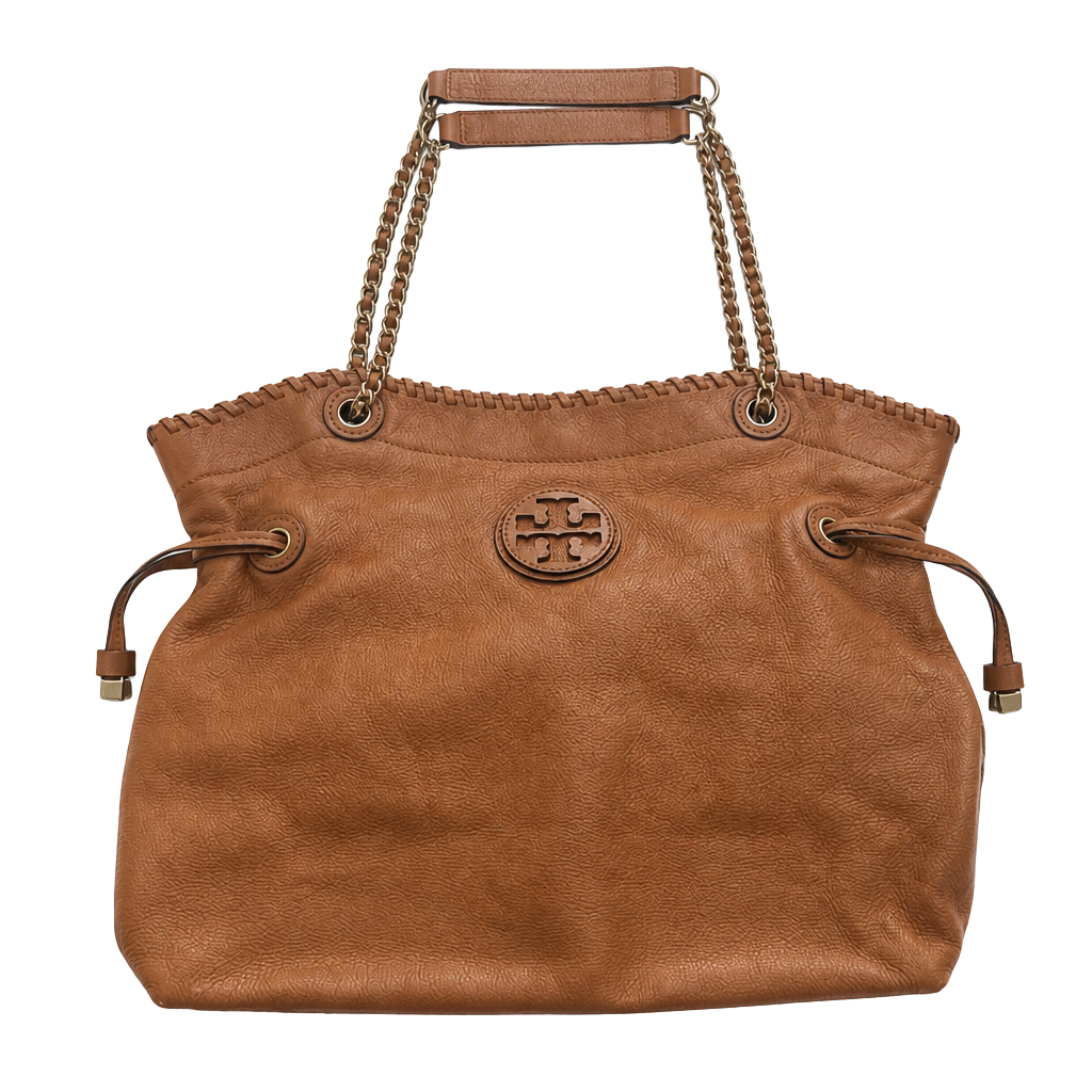 Tory Burch Marion Slouchy Tote Brown Pebbled Leather Chain Shoulder Bag 1